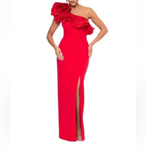 Xscape Red Pleated Ruffle One-Shoulder Scuba Crepe Column Gown - Picture 1 of 3